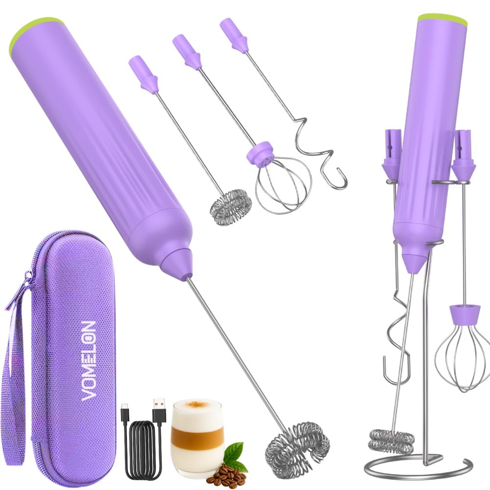 Milk Frother Handheld with 3 Stainless Steel Whisks, Rechargeable Electric Drink Mixer with Stand & Travel Case, Milk Foamer for Coffee, Latte, Cappuccino, Hot Chocolate, Egg,Jam Supplement-Pink