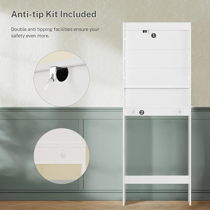 TEENFON Over The Toilet Storage Cabinet with 4 Open Shelves and Adjustable Shelf, Extra Tall Bathroom Organizer Unit with 2 Barn Doors, Home Space Saver for Bathroom, Laundry Room, White