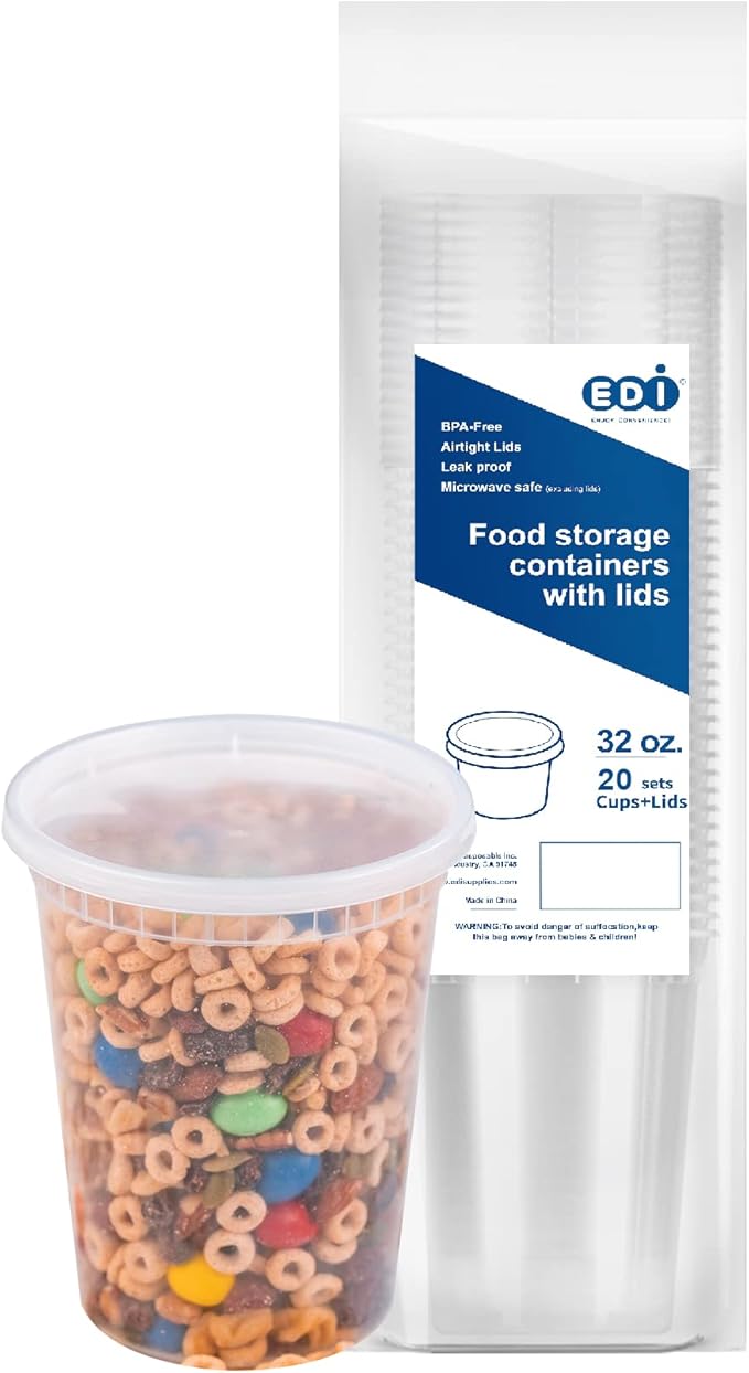 EDI [32 OZ, 40 Sets] Plastic Deli Food Storage Containers with Airtight Lids | Microwave-, Freezer-, Dishwasher-Safe | BPA Free | Heavy-Duty | Meal Prep | Leakproof | Recyclable