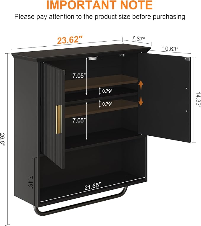 Bathroom Wall Cabinet with Towel Bar, 2 Doors & Adjustable Shelves - Space Saving Wood Wall Mounted Medicine Cabinet Storage Organizer for Bathroom, Laundry, Kitchen, Living Room (Black)