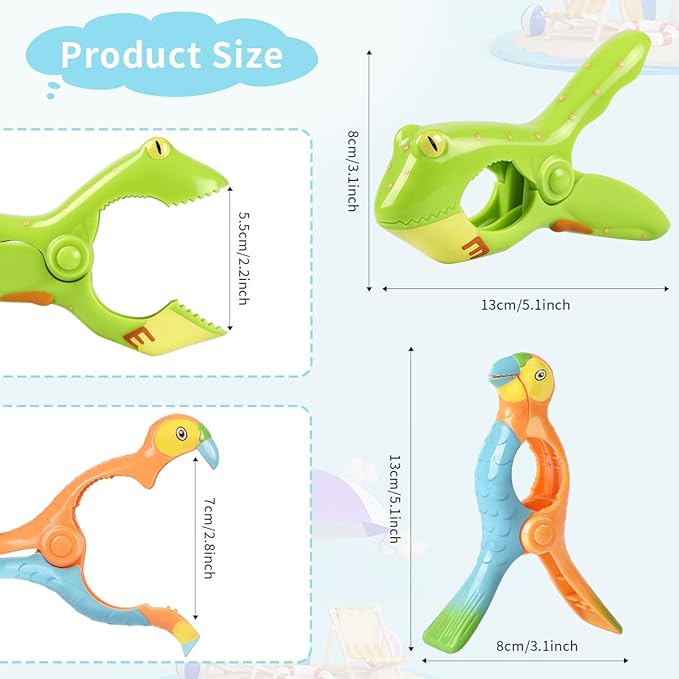 Beach Towel Clips, Sopito Jumbo Size Towel Clips for Beach Chairs Cruise Patio and Pool Accessories, Set of 4 (Green Orange Frog Parrot)