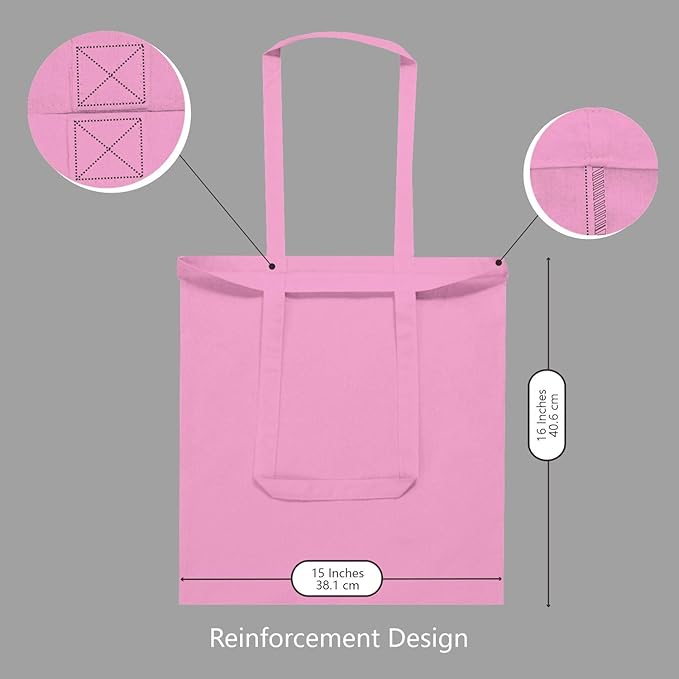 TOPDesign 12-Pack Economical 16"x15" Baby Pink Cotton Tote Bag, Lightweight Medium Reusable Grocery Shopping Cloth Bags, Suitable for DIY, Advertising, Promotion, Gift, Activity