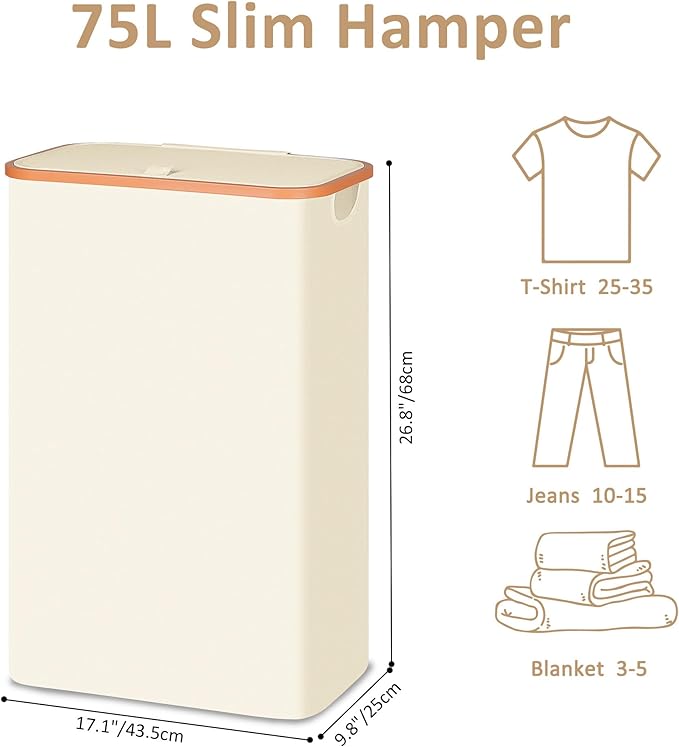 Slim Laundry Basket with Lid, Narrow Dirty Clothes Hampers for Laundry with Handle, Skinny Laundry Bin for Laundry Room, Dorm, Bedroom and Bathroom, 19.8 Gallon (75L) Beige