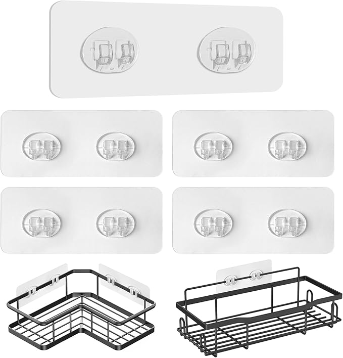 Upgraded Shower Caddy Adhesive Replacement,Strong Adhesive Hooks for Shower Caddy, Waterproof Shower Shelf Adhesive, Shower Adhesive Strips for Shower Organizer and Kitchen Racks (5 Pcs(Double Hooks))