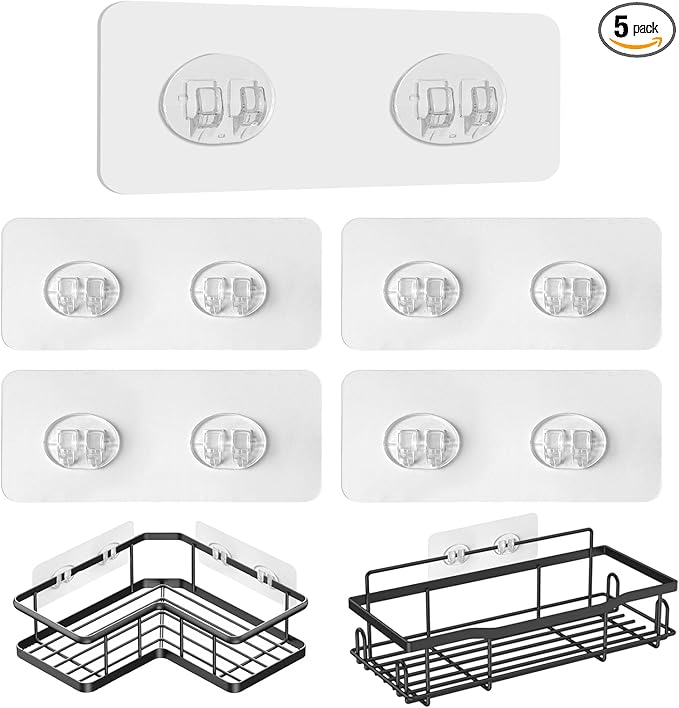 Upgraded Shower Caddy Adhesive Replacement,Strong Adhesive Hooks for Shower Caddy, Waterproof Shower Shelf Adhesive, Shower Adhesive Strips for Shower Organizer and Kitchen Racks (5 Pcs(Double Hooks))