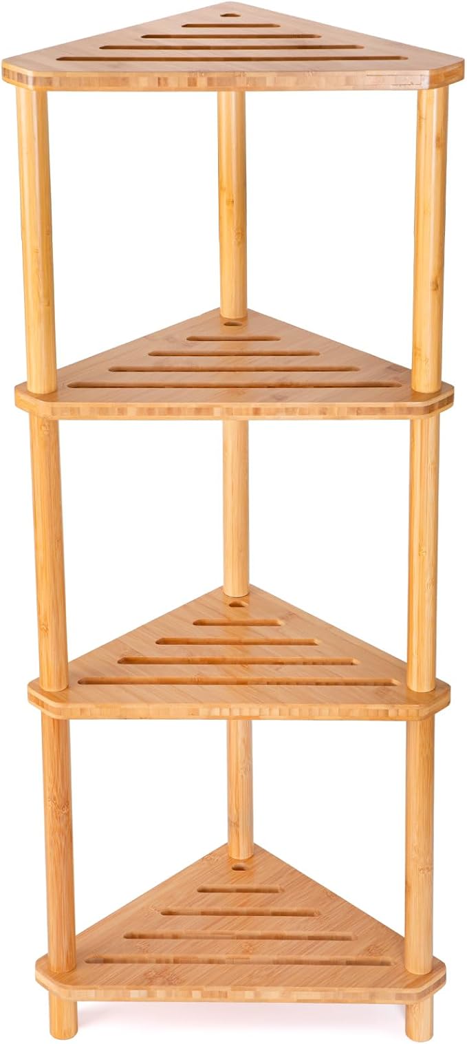 GUGIGP 4-Tier Corner Shower Caddy Stand Bamboo,Standing Corner Shower Shelf,Shower Organizer,Shower Storage Shlves,Waterproof & Durable,Space-Saving Design for Bathroom Kitchen or Living Room