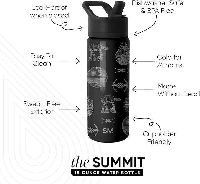 Simple Modern Kids Summit Water Bottle with Straw Lid | Star Wars 18oz Stainless Steel Cup Insulated Tumbler for Boys, School | Vehicle Schematics