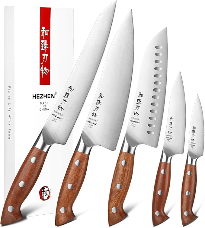 HEZHEN 8 PCS Kitchen Knife Block Set, German DIN 1.4116 Steel Knife Set with Block and Sharpener,Kitchen Shear, Ultra Sharp Blade,Red Wood Handle, Gift Packing