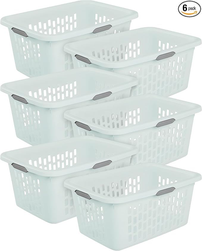 Sterilite 6-Pack 2 Bushel Laundry Basket, Rectangular Plastic Clothes Hamper, Mint - Ventilated Open-Top Utility Wash Bin with 4 Handles and Large Clothing Load Capacity