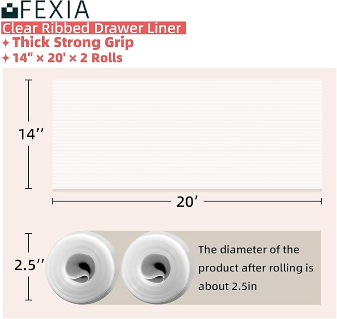 FEXIA Shelf Liners for Kitchen Cabinets Non-Slip Drawer Liner 14 Inches x 20 FT Waterproof & Oil-Proof Non Adhesive Durable Material Fridge Liner for Shelves (2 Rolls)