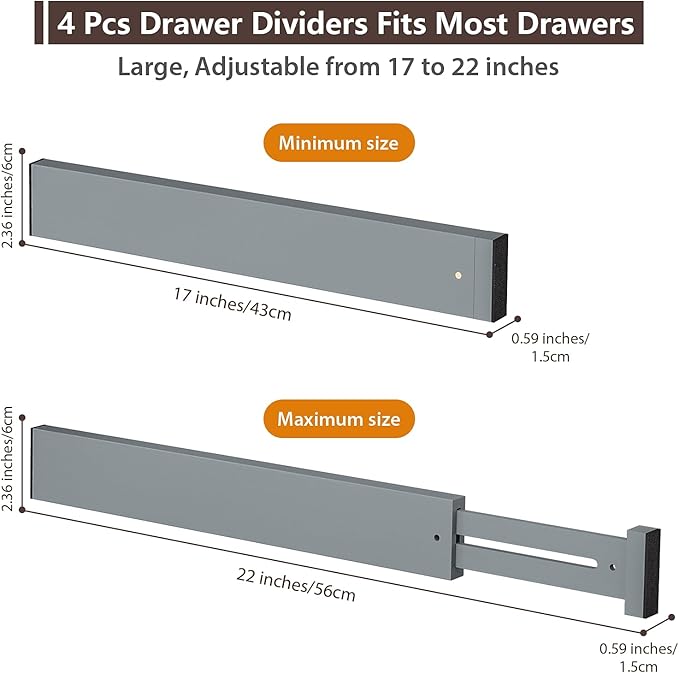4 PCS Drawer Divider, 17"-22" Adjustable Bamboo Drawer Dividers Organizers, Expandable Separators for Kitchen, Clothes, Dressers, Home, Office, Gray
