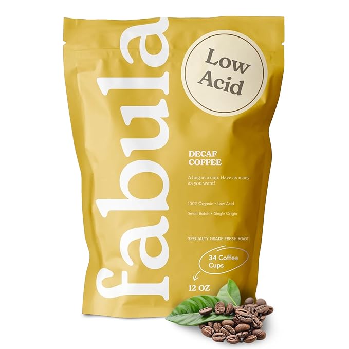 Fabula Organic Decaf Coffee Beans - Swiss Water Process - Low Acid Whole Bean Coffee - Medium Roast - Mold Free, Non-GMO & Single Origin - 12 oz