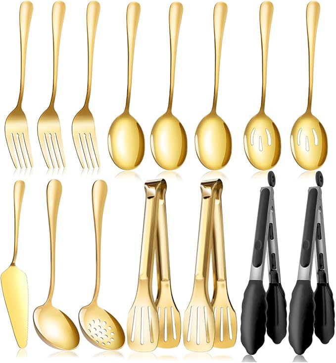 Rainbow Serving Utensils Set Stainless Steel, 15pcs Large Metal Serveware Serving Spoons, Slotted Spoons, Forks, Tongs, Soup and Skimmer Spoon, Cake Server for Partie, Buffet, Catering, Entertaining