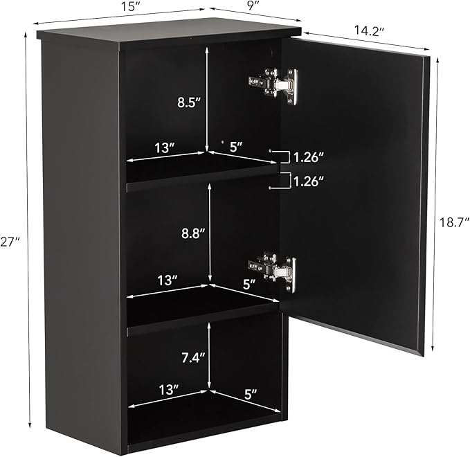 Bathroom Wall Cabinet with Single Door, Soft-Close Hinges, 15x27 inch Wooden Medicine Cabinet for Small Kitchen, Laundry, Entryway, Durable MDF Construction