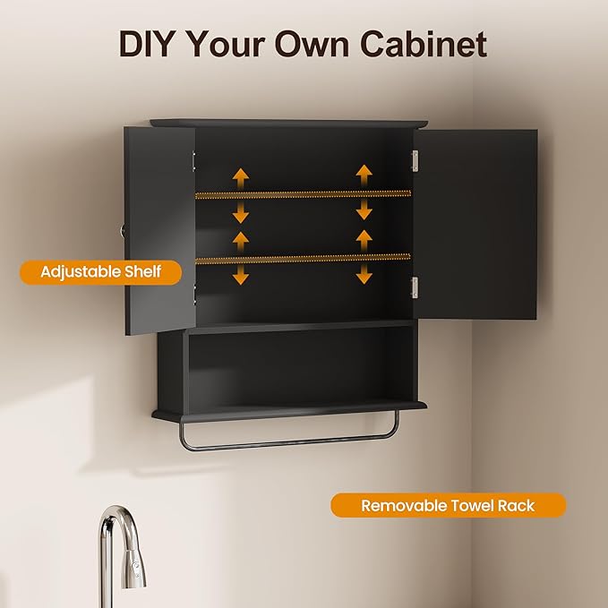 RoyalCraft Bathroom Medicine Cabinet Wall Mounted, Over The Toilet Storage Cabinet with Towel Rack and Adjustable Shelf, Large Bathroom Towel Cabinet Wall Mount 22x25 inch (Black)