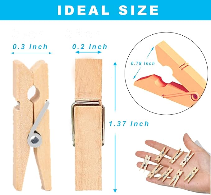 1.35 Inch Mini ClothesPins for Photo【100 Pcs】 with 32 Feet Jute Twine，Mini Clothes Pins for Crafts,Wooden Small Clothes Pins for Pictures,Tiny Decorative Clothespins for Baby Shower(Natural Color)