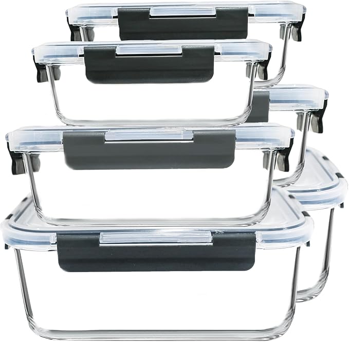 M MCIRCO 5 Pack,30 oz Glass Food Storage Containers with Lids, Gray