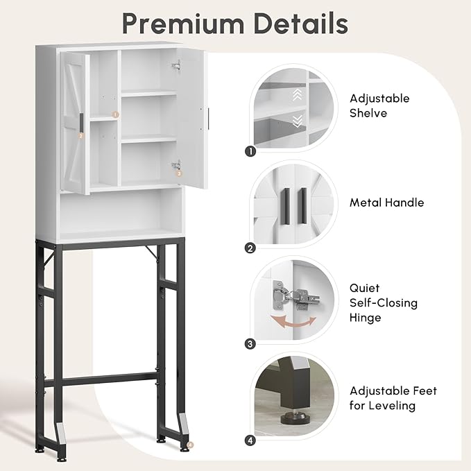 USHOWER Over The Toilet Storage Cabinet, Bathroom Organizers and Storage with Barn Doors, Thicken Metal Stand & MDF Wood Above Toilet Storage Cabinet, Freestanding Space Saver, White