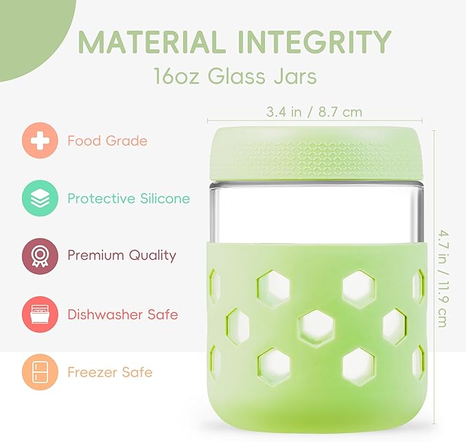 Gemice 6-Pack 16 oz Overnight Oats Containers with Lids and Silicone Sleeves, Glass Mason Jars with Airtight Lid, Dishwasher Safe, Wide Mouth Chia Seed Pudding Meal Prep Jar for Yogurt Berries Snack