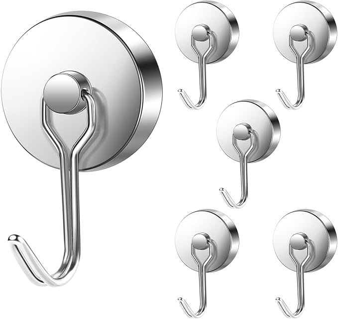 LOVIMAG Hooks, 120lbs+ Magnetic Magnet Hook 2025 Cruise Cabin Ship Essentials Heavy Duty Strong Refrigerator Fridge Hanging for Classroom Beach Vacation Kitchen Grills Home Mug Hanger (6 Pack), Silver