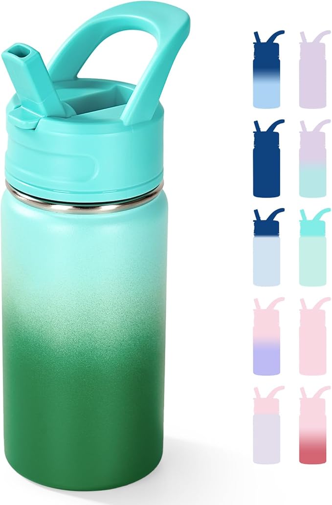 12oz Kids Water Bottle for School, Toddler Water Bottles with Straws, Insulated Water Bottles for Boys&Girls, Stainless Steel Vacuum Insulated Bottle for Kids, Leak-Proof, BPA-Free, Green Gradient