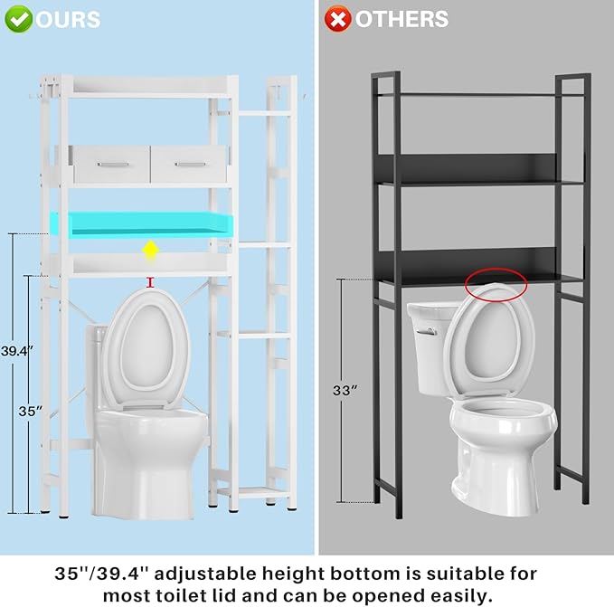 Over The Toilet Storage with 2 Drawers - 7 Tier Bathroom Organizer with Adjustable Shelf, Freestanding Space Saver Storage Rack Above Toilet Stand with 4 Hooks for Restroom, Laundry, White