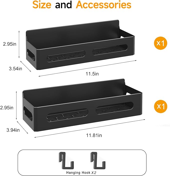 2 Pack Strong Magnetic Spice Rack for Refrigerator, Multipurpose Magnetic Shelf for Fridge with 4 Hooks for kitchen and Bathroom Organization, Black
