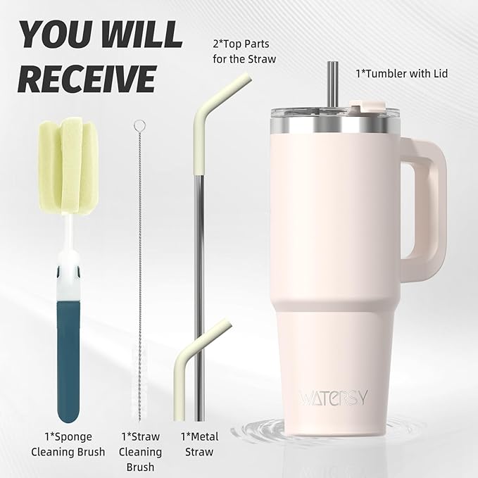20 oz Tumbler with Handle,Tumbler with Lid and Straw,Double Wall Insulated Cup Stainless Steel Travel Mug(Cold for 34 Hours),Water Bottle for Iced Tea,Coffee,Cold Beverages(Ivory Beige)