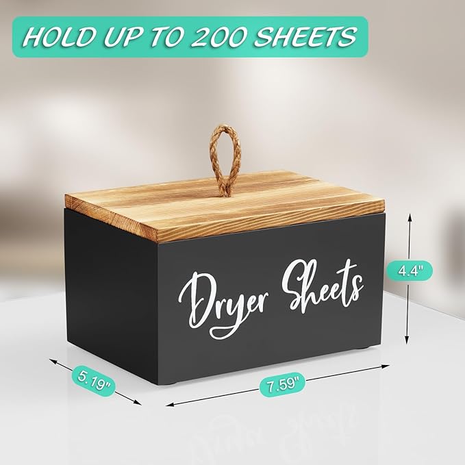 Bivvclaz Dryer Sheet Holder, Wooden Laundry Sheets Container, Laundry Room Organization and Storage for Farmhouse Laundry Room Decor and Accessories, Fabric Sheet Holder, Black