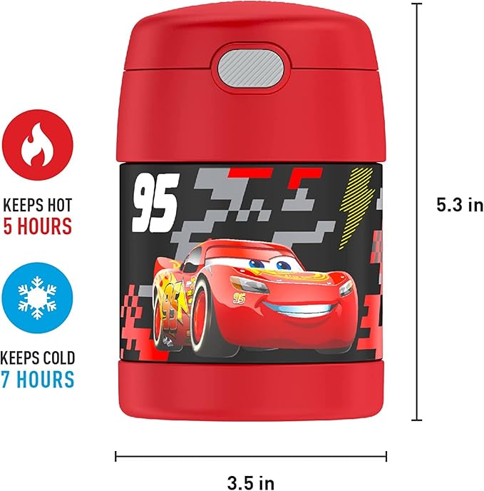 THERMOS FUNTAINER Insulated Food Jar, 10 Ounce, Kid Friendly Food Jar with Foldable Spoon, Cars