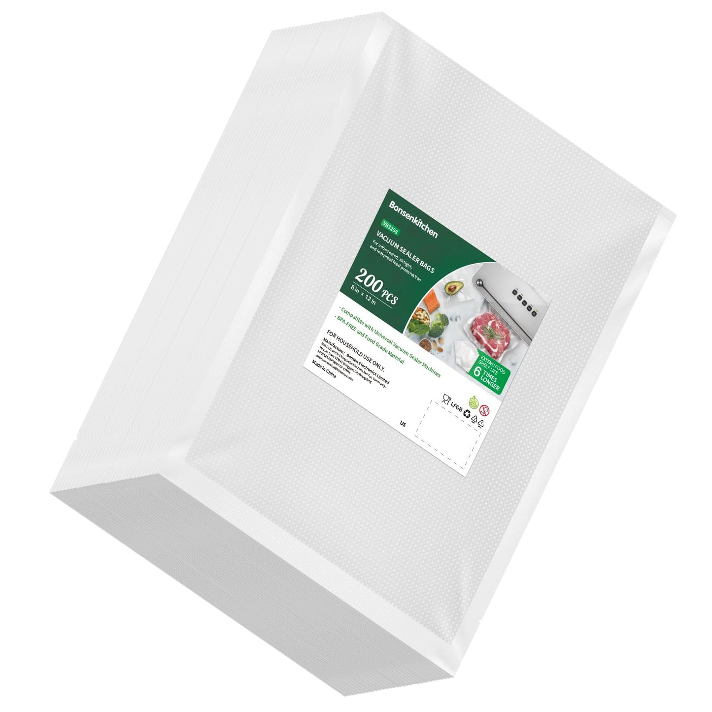 Bonsenkitchen Precut Vacuum Sealer Bags 200 Quart 8" x 12", BPA Free