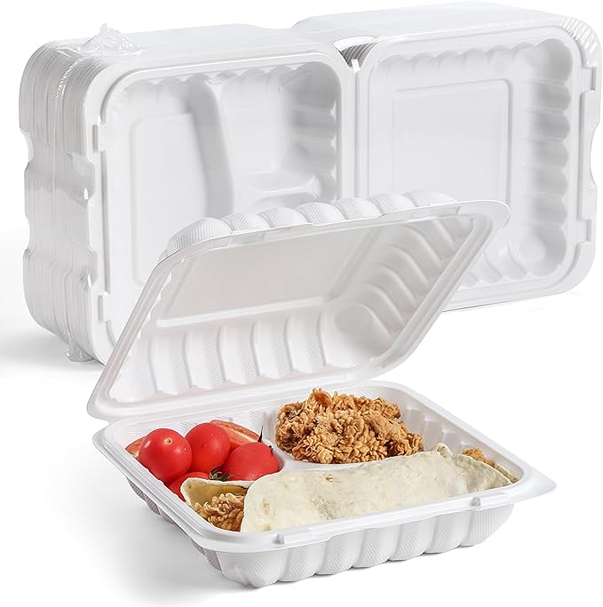 YANGRUI 25 Pack 34oz 8" 3-Compartment Togo Container Shrink-Wrapped No Wash