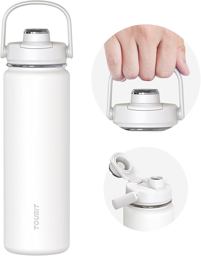 TOURIT 24 oz Insulated Water Bottle, Stainless Steel Sports Water Bottles With Top Handle, Double-Wall Travel Thermal Water Flask, BPA Free Leakproof Water Bottle for Sports, Glacial White