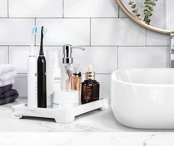 Luxspire Bathroom Vanity Tray, 10 x 6 inch Marble Bathroom Perfume Tray Dresser Tray, Resin Rectangle Vanity Tray, Bathroom Vanity Countertop Organizer for Cosmetics Hand Towel, M, Gravel White
