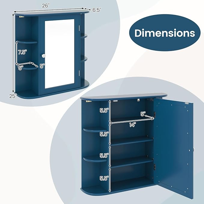 Tangkula Bathroom Medicine Cabinet with Mirror, Wall Mounted Home Storage with Door & 6 Open Shelves, Adjustable Shelves, Mirrored Bathroom Wall Cabinet (Blue)