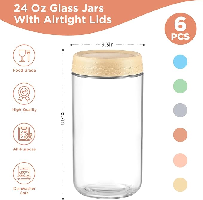 DRKIO 24 Oz Overnight Oats Containers with Lids - 6 Pack Glass Storage Jars with Airtight Lids Wide Mouth Mason Food Jars Great for Meal Prep Salad Chia Pudding Snacks Yogurt Sugar Spice Cereal