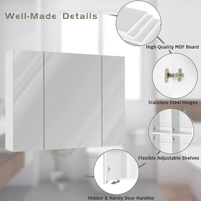 Medicine Cabinets Bathroom Mirror Cabinet with 3 Door 31.5x23.6 Inch Bathroom Wall Cabinet with Mirror Wall Mirror Storage Shelf with 3-Adjustable Shelves Storage Organizer Kitchen Cupboard,White