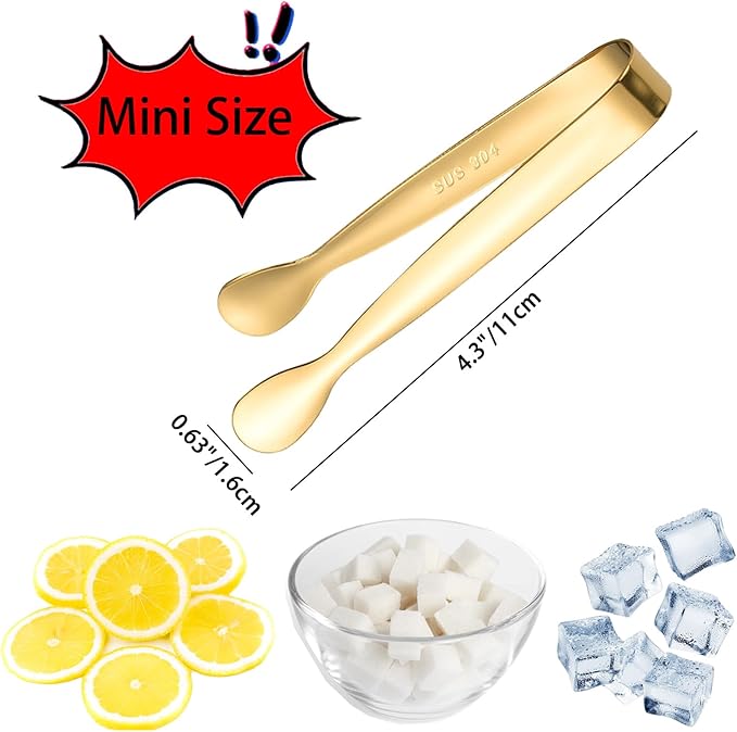 8PCS Gold Mini Metal Tongs,4.3"/11cm,Stainless Steel 304,for Ice Cube,Sugar