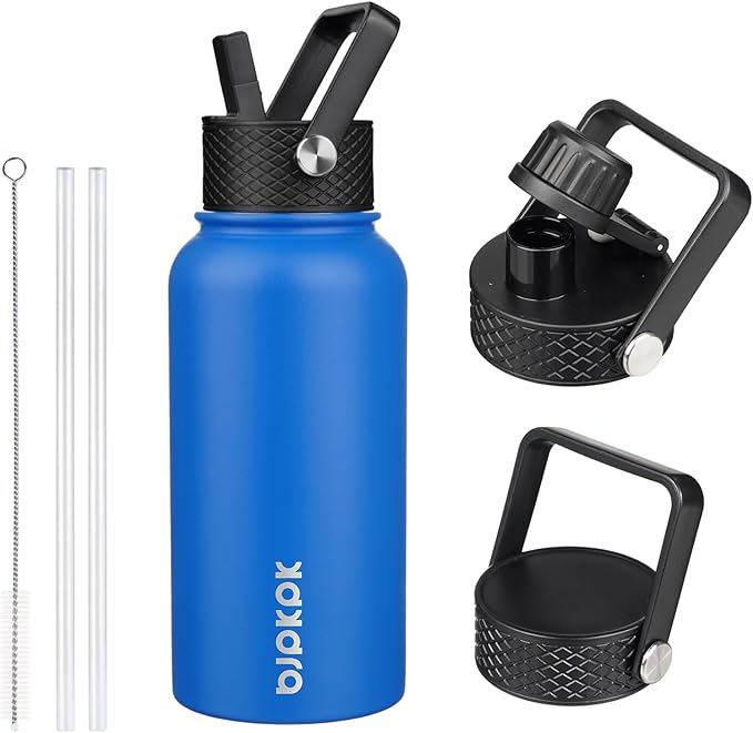 BJPKPK Insulated Water Bottles with Straw Lid, 27oz Stainless Steel Water Bottle with 3 Lids, Leak Proof BPA Free Metal Thermo, Mugs, Tumblers, Keep Cold Hot - Sapphire