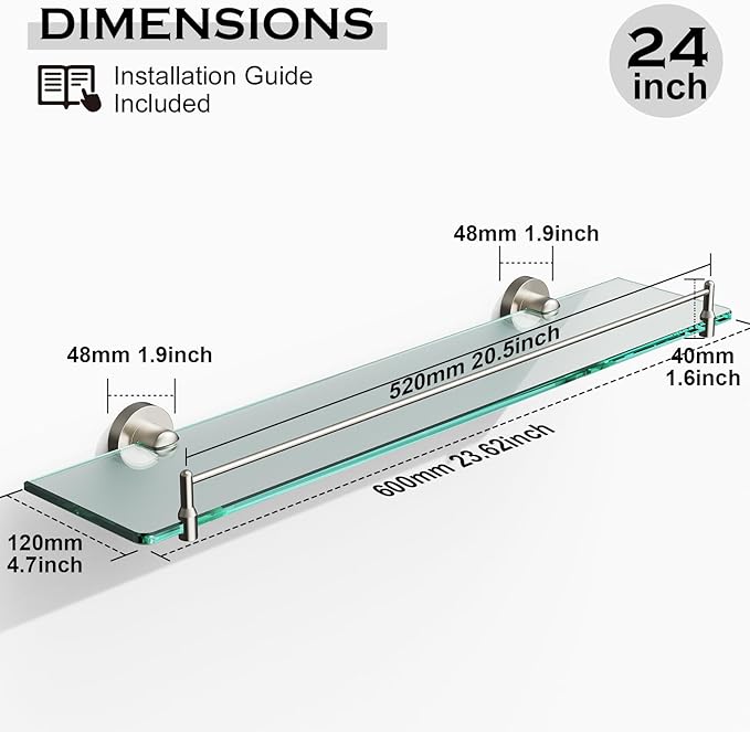 24 Inch Glass Bathroom Shelves,Brushed Nickel Floating Shelves for Wall Rectangular Modern Stainless Steel Glass Shelf for Bathroom Shelves Wall Mounted