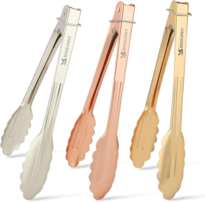 MSY BIGSUNNY 9 Inch Kitchen Food Tongs for Cooking and Serving- Aluminum - Set of 3 (gold-plated)