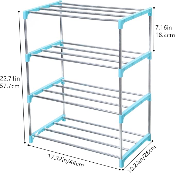 Stackable Small Shoe Rack, Entryway, Hallway and Closet Space Saving Storage and Organization (4-Tier, Blue)