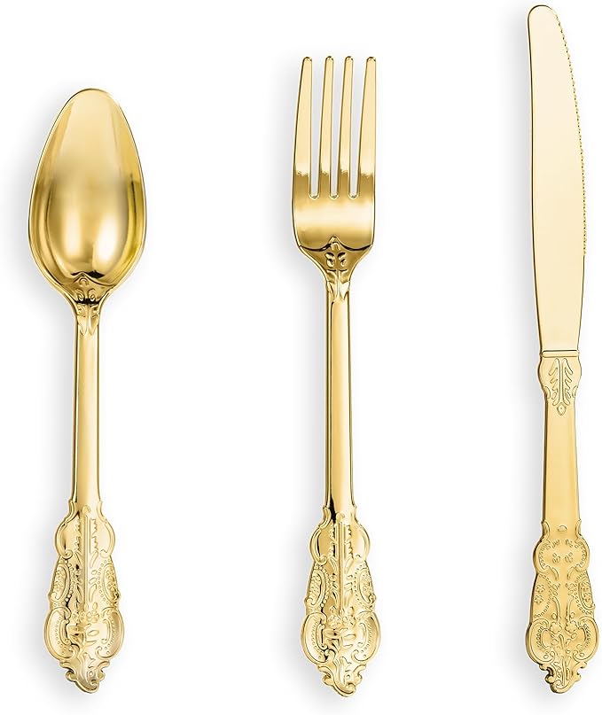 N9R 300PCS Silver Plastic Silverware, Vintage Disposable Utensils & Cutlery