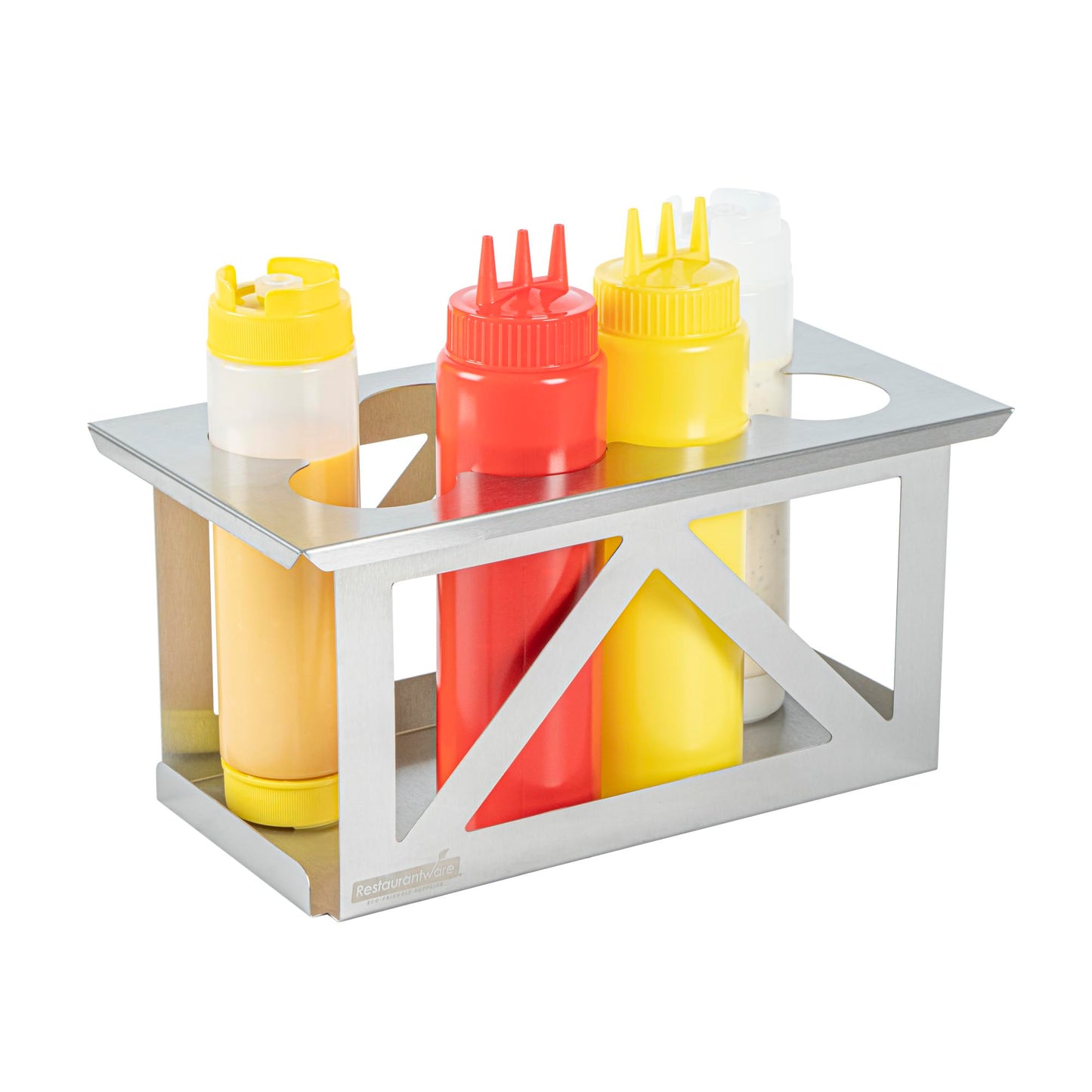 Restaurantware Squeeze Bottle Holder 1 Count 6.30 x 7.01 x 6.26 Inches Stainless Steel Condiment Organizer - Four-Hole Durable Kitchen Rack - Silver Prep Station Organizer