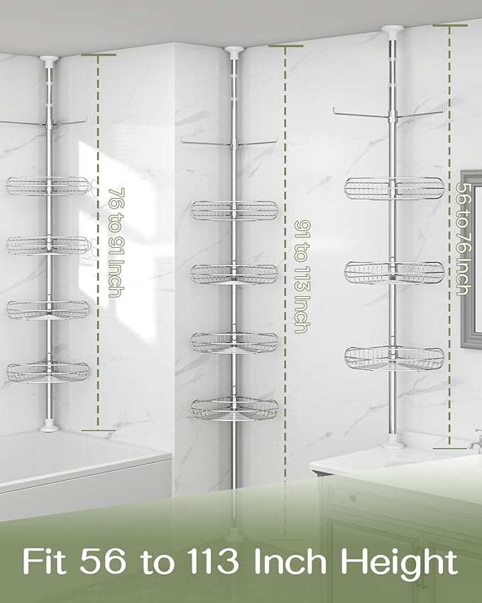ALLZONE Corner Shower Caddy Tension Pole, 4-Tier Adjustable Shelves, Rustproof Bathroom Shower Organizer Corner for Inside Shower Storage, Tension Mounted, 56 to 113 Inch Height, Sliver