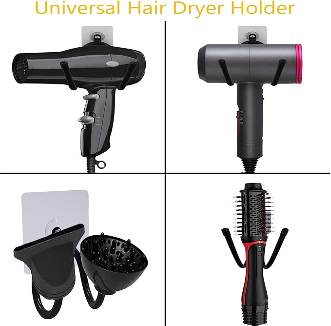 Universal Hair Dryer Holder, Blow Dryer Hanger Hook Wall Mount for Hair Dryer, Towels, Flat Iron,Hair Straightener &Cord Organizer for Cabinet Bathroom - Self Adhesive/Drilling - 2 Pack
