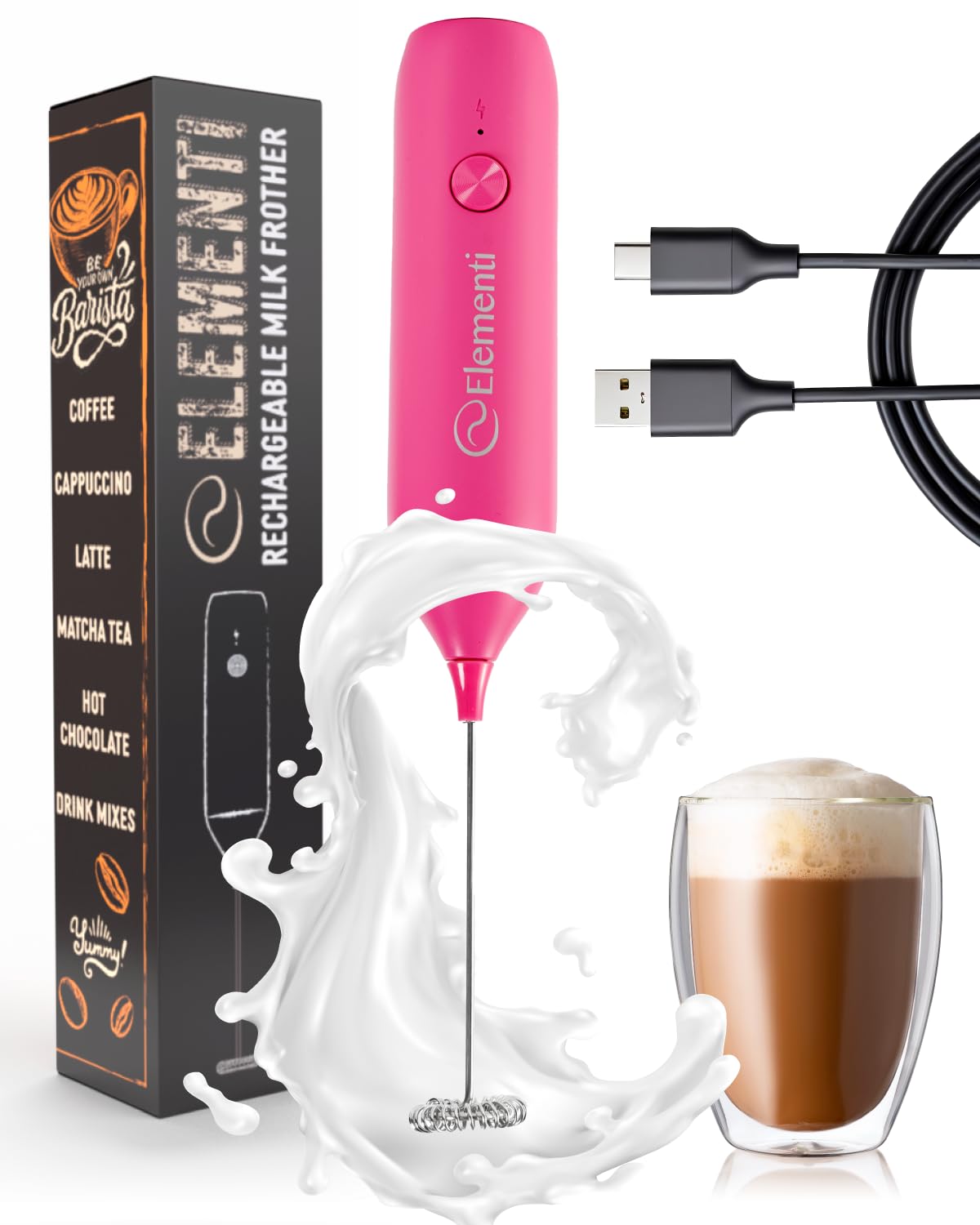 Elementi Rechargeable Milk Frother Wand & Drink Mixer Handheld - Powerful USB-C Rechargeable Frother - Hand Held Milk Foamer Whisk to Make Perfect Cappuccinos, Lattes & Drink Mixes (Mint Green)