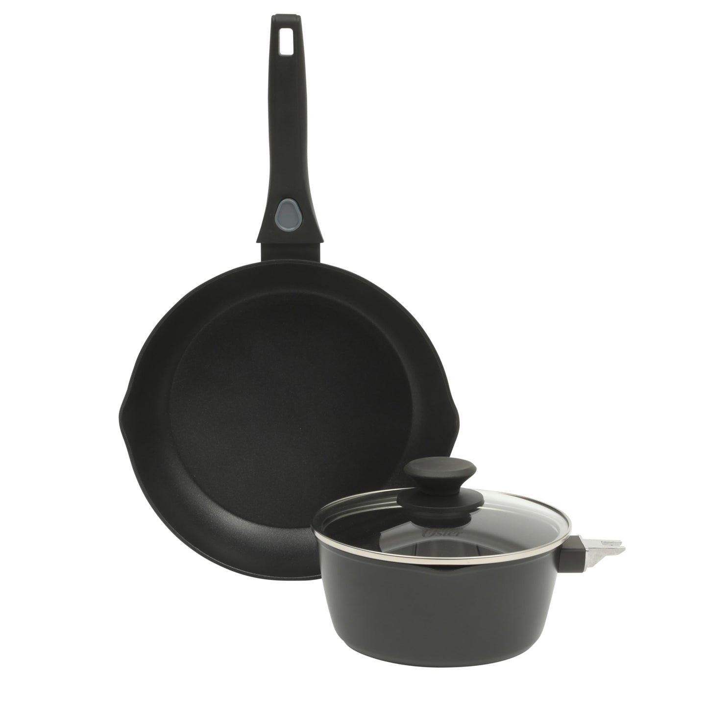 Oster SmartHandle Advance 13-Piece Ceramic Nonstick Cookware Set – Matte Black Finish, Gray Interior, Induction Base, Detachable Handles, Oven & Dishwasher Safe, With Utensils & Pan Protectors