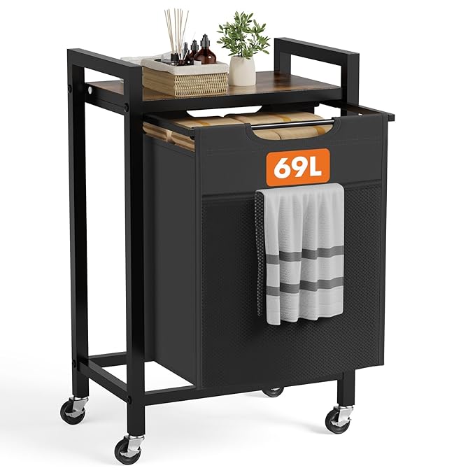 DUMOS Laundry Hamper with 1 Pull-Out Removable Sorter Bags, Movable Wheels, Freestanding Clothes Basket Organizer in Bathroom, 1 × 18.3Gal (69L) Capacity, Rustic Brown and Black