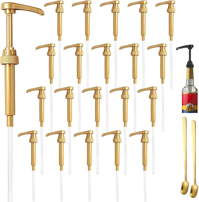 20 Pcs Gold Syrup Pump Dispenser, Compatible with 25.4 Oz/750ml Bottles, Great for Home & Coffee Bar Drinking Mixes, Tea, Beverage, Cocktails, Plus Spoons